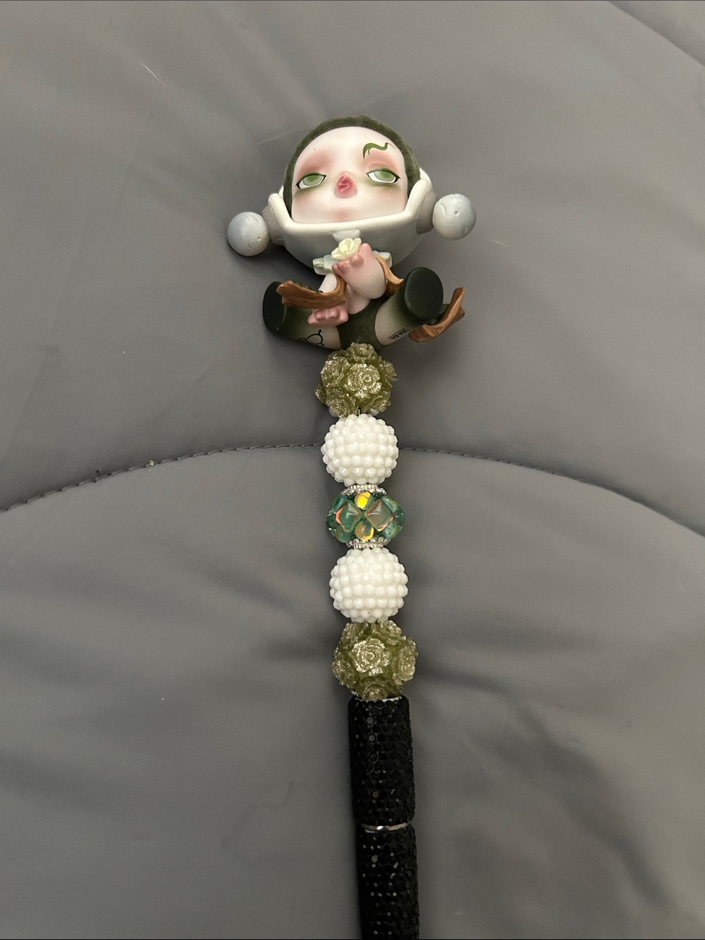 Beautiful Skull Panda Beaded Pen- Green & White color though out